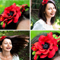 Ободок для волос с цветами - Красный мак (мак, розы, фрезии).
